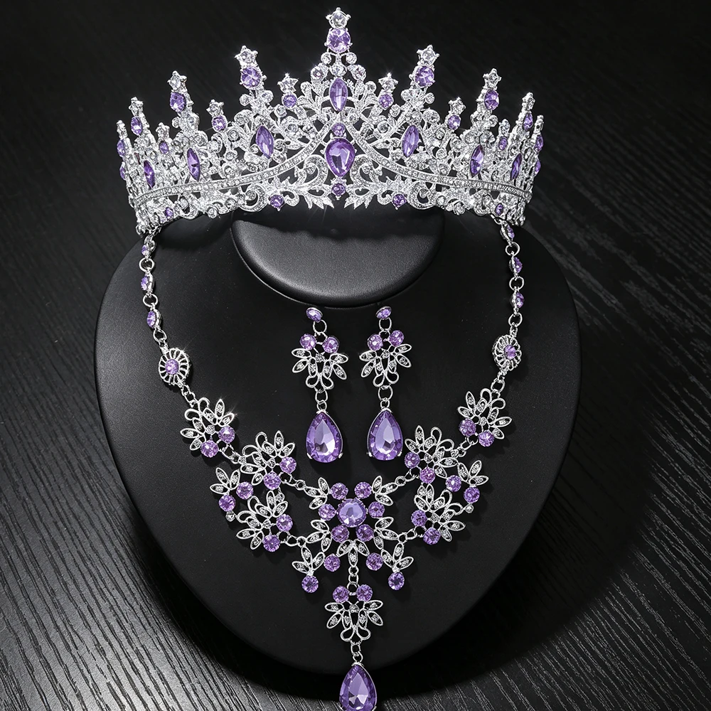 1/3pcs Vintage Baroque Purple Rhinestone Tiara Crown Water Crystal Necklace Earrings Women Wedding Banquet Costume Jewelry Gift