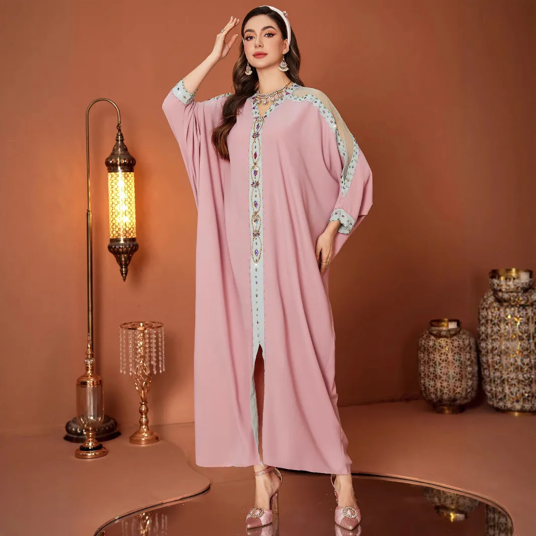 Women Pink Solid Loose Batwing Sleeve V-neck Elegant Beading Sequins Abaya Dresses Middle East Muslim Fashion Female Jalabiya