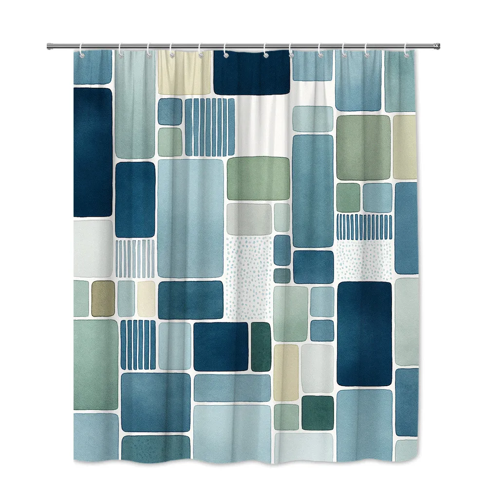 Waterproof Shower Curtain Modern Geometric Pattern Bathroom Decor Blue Green Neutral Tiled Abstract Design Shower Curtain Liner