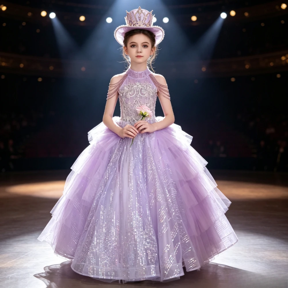 2026 Purple Kids Formal Girls Princess Gown Children PianoGirl Evening Costume Performance Elegant Host Dress Wedding Flower