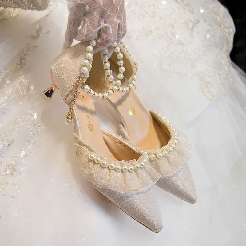 Elegant Pearl Weddings Bridal High Heels Shoes Woman 2026 Autumn Ankle Straps White Party Pumps for Women Silk Pointed Toe Shoes view 5