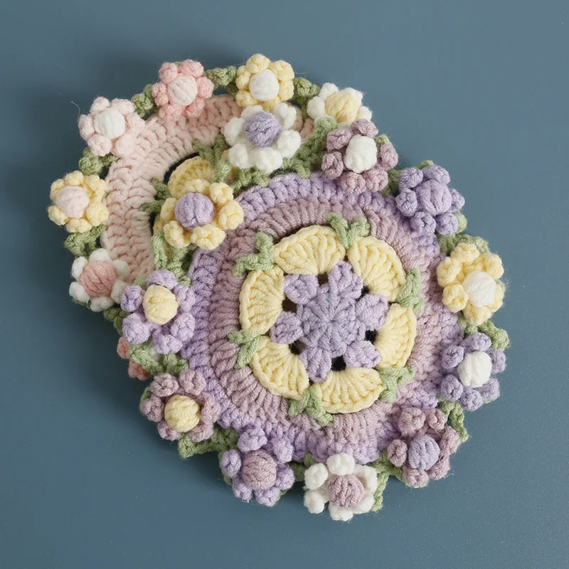 

10cm Handmade Crochet Puff Flower Coaster, Sweet Flower Wool Crocheted Flower Decorative Mat, Handmade Finished Product