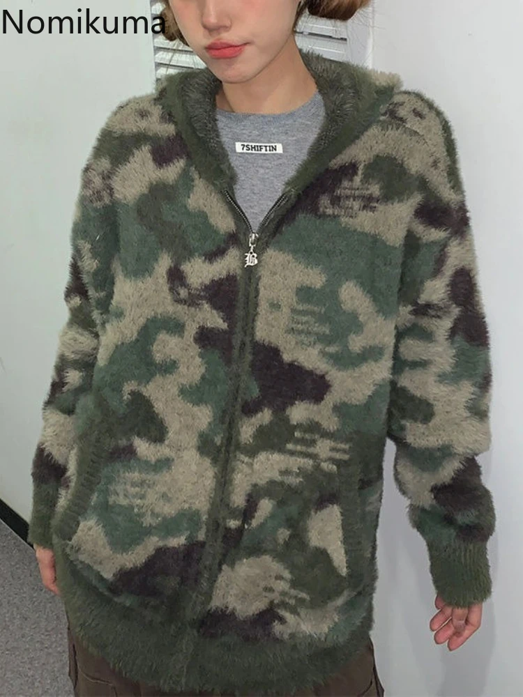 

Hooded Cardigan Jackets Women Clothing Imitation Mink Fur Camouflage Coat Korean Sueter Mujer Zipper Knitted Loose Sweater Tops