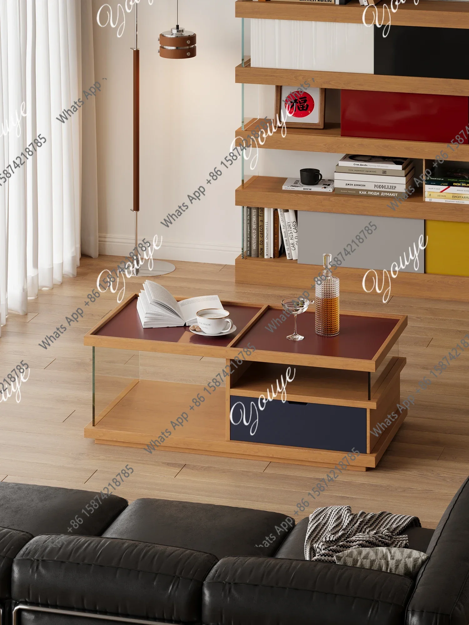 j XM Solid Wood Retro Colored Glass Multi-grid Coffee Table Household Guest Tea Table Sofa Edge Light Luxury Storage Cabinet
