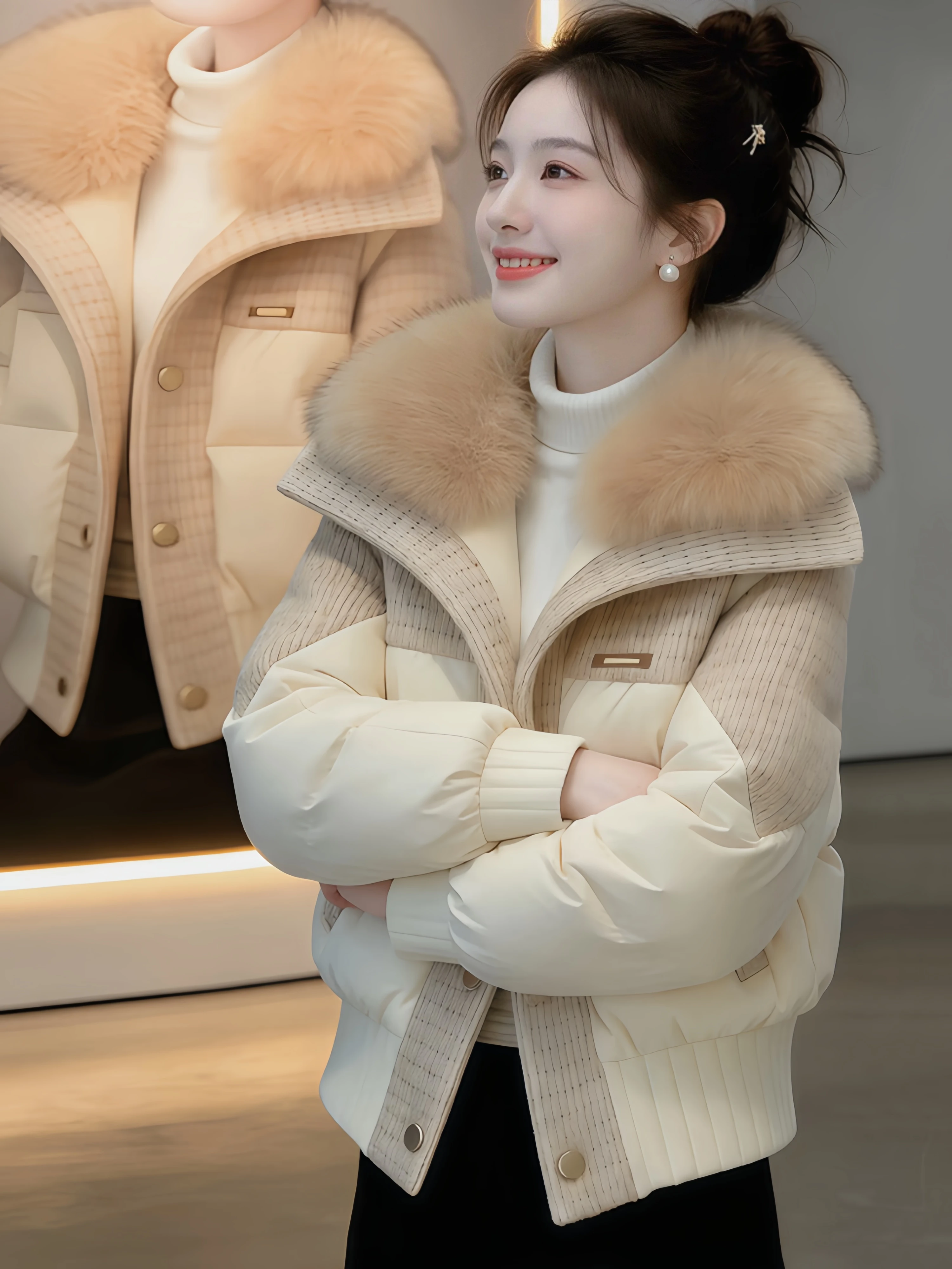 

Warmth Stylish Short Puffer Jacket Women's Fashion Korean Version Thickened Cotton down Coat with Large Fur Collar