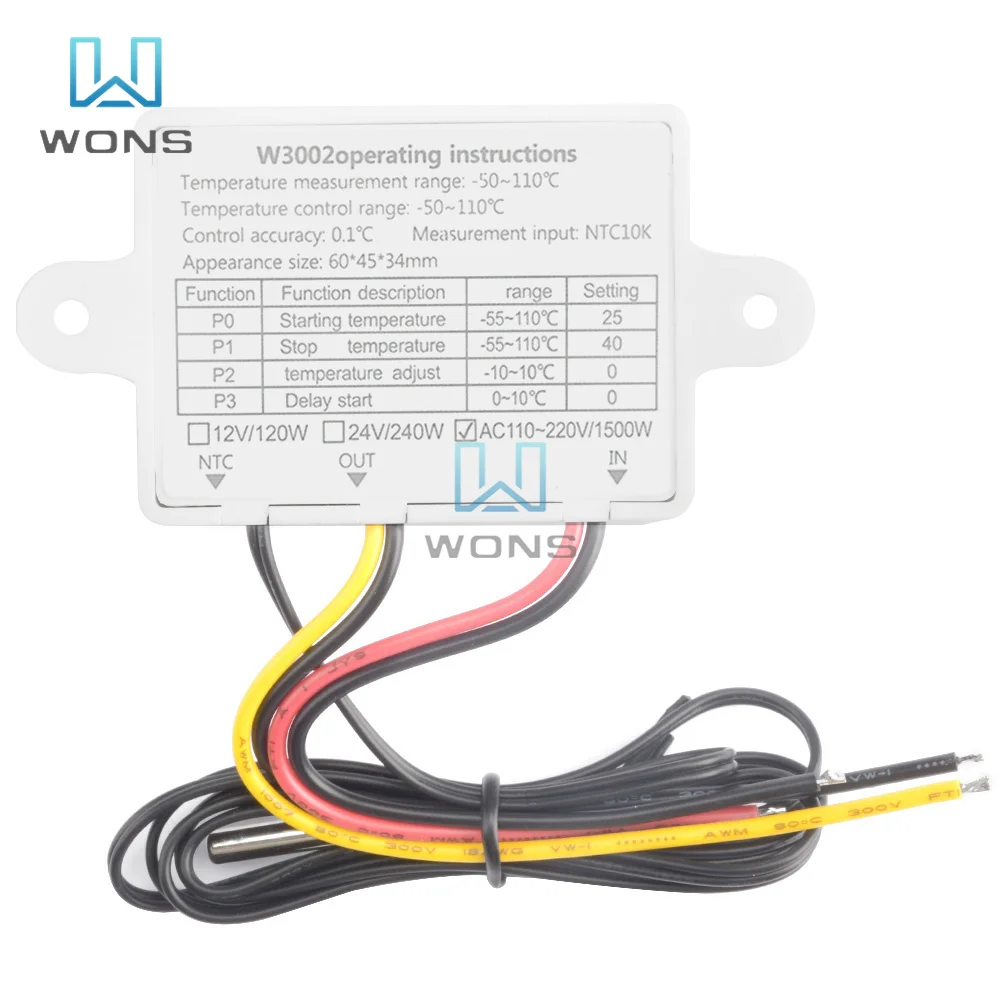 12V 24V 220V 110V 10A W3002 Digital LED Temperature Controller Thermostat Control Switch Thermoregulator Sensor Meter with Probe