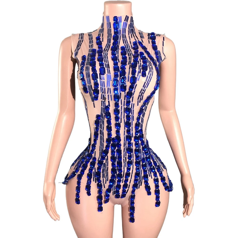

Sparkly Rhinestones Mirrors Bodysuit for Women Sexy Mesh Transparent Sleeveless Leotard Dancer Performance Costume Stage Wear