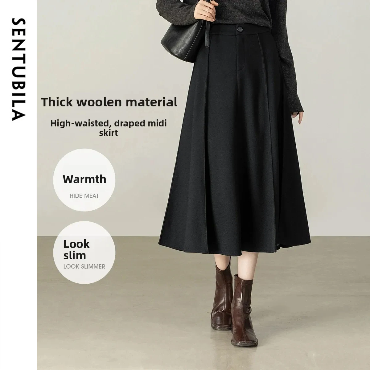 SENTUBILA Women's A-Line Skirt 2026 Winter High Waist Multi-Panel Design Loose Warm Thick Commuting Women's Clothing 154QP3738