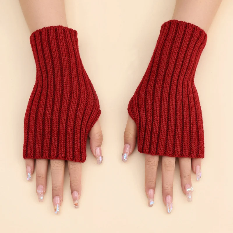 أزياء الخريف والشتاء الدافئة بدون أصابع بلون مضلع محبوك قفازات قصيرة لتدفئة الذراع #6