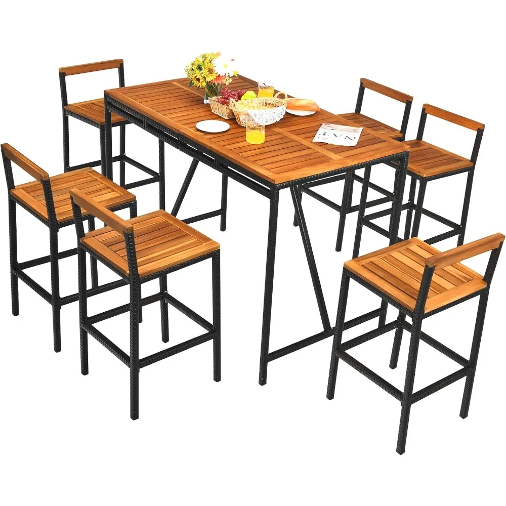 7-Piece Outdoor Acacia Wood Bar Set, Patiojoy Outdoor Rattan High-Dining 6 Bar Stools and 1 Rectangular Table with Umbrella Hole