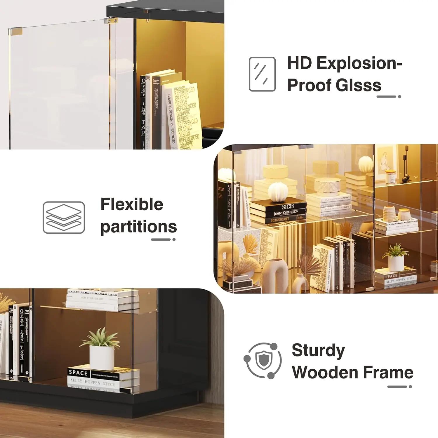 High Gloss Glass Display Cabinet with LED Light for Toys, Black, Customized