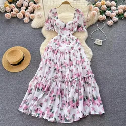 Retro  Print  Pleated  Elegant Square Neck Dress A-line Puff  Sleeve  Casual  High Waist Dress Women Summer