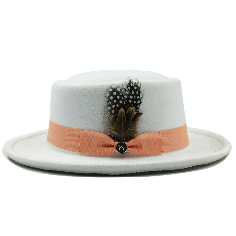 Vintage Pork Pie Hat Men feather fedora hat Webbing Decorative flip-brim Felt hats Panama Gentlemen women Church Jazz Hat