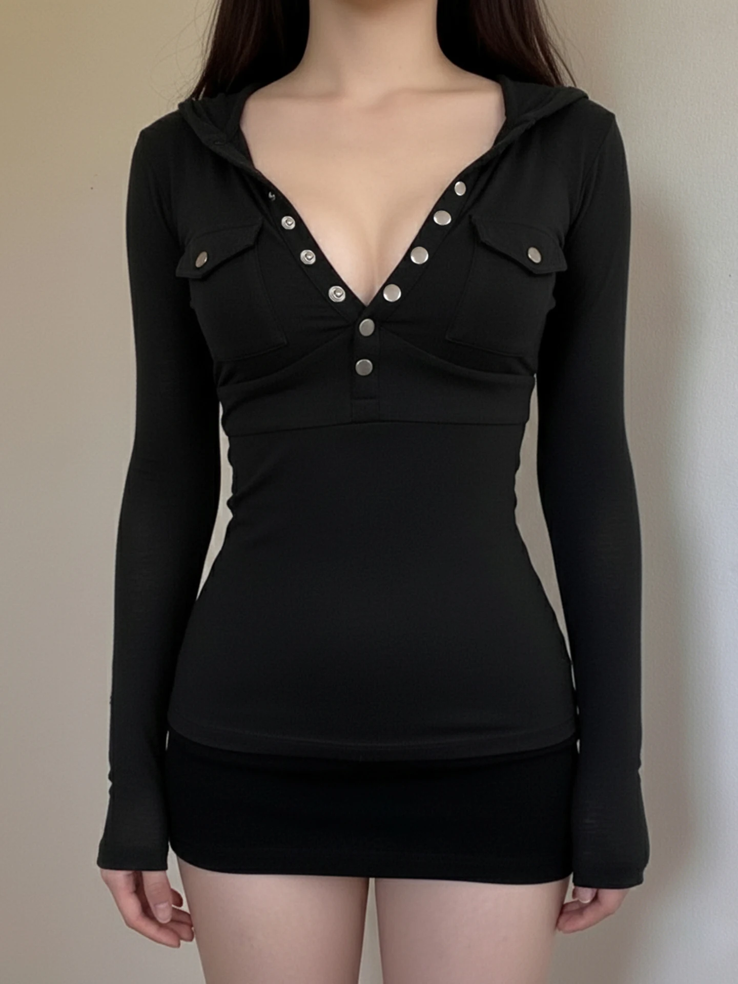 

Street Style Long Sleeve Hoodie T-Shirt Women's Slim Fit V-Neck Button up Basic Top WEEKEEP Black Casual Wear for Ladies