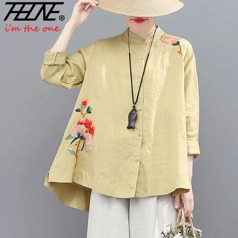 Summer Women\'s Clothing Shirts Blouse Casual Button Embroidery Flower Vintage Cotton Linen Long Sleeve Women Shirt Chinese Style