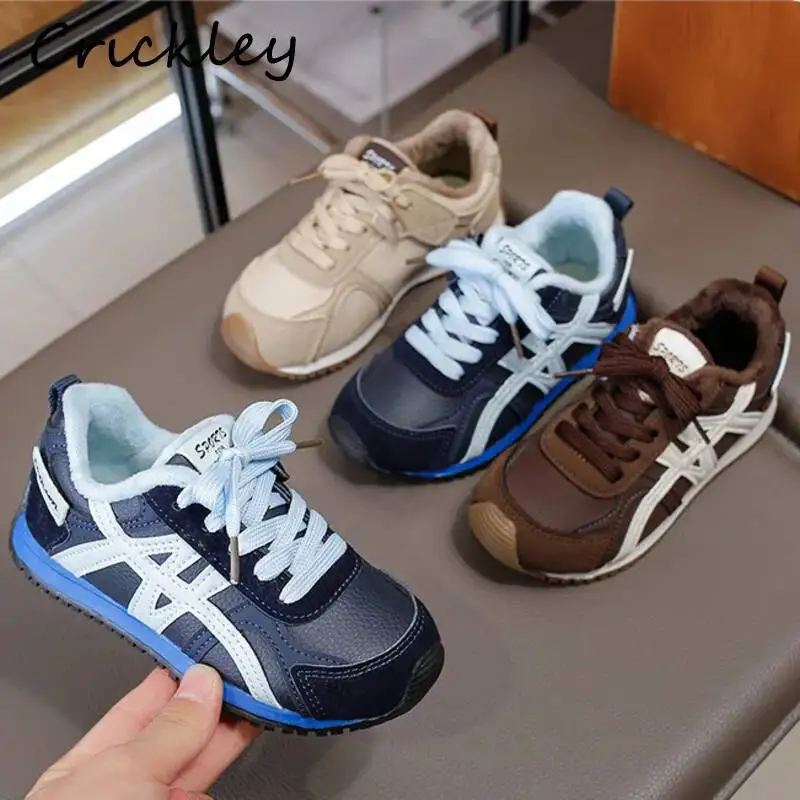 Winter Patchwork Kids Fashion Sneakers PU Short Plush Toddler Boys Girls Casual Shoes Soft Warm Hook Loop Children Sport Shoes