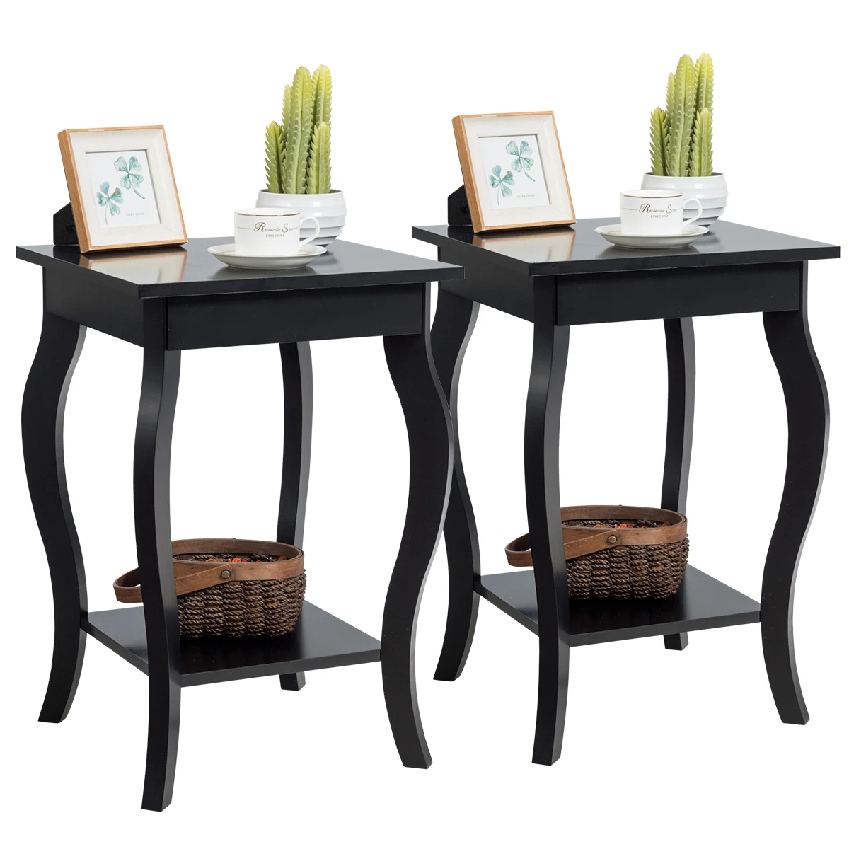 GOFLAME Set of 2 End Tables Accent Table with Elegant Curved Legs & 2-Tier Open Storage Shelves Black