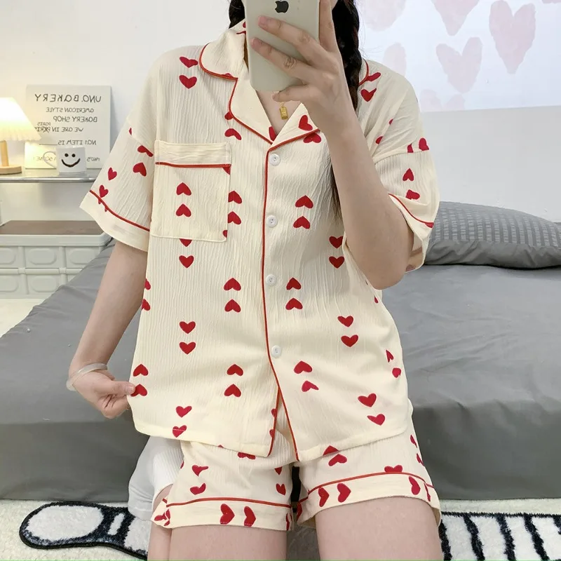 

Women's Nightwear Love Print Lapel Cardigan Pajamas Teenage Summer Short Sleeve Shorts Sleepwear Loungewear Set Girl Homewear
