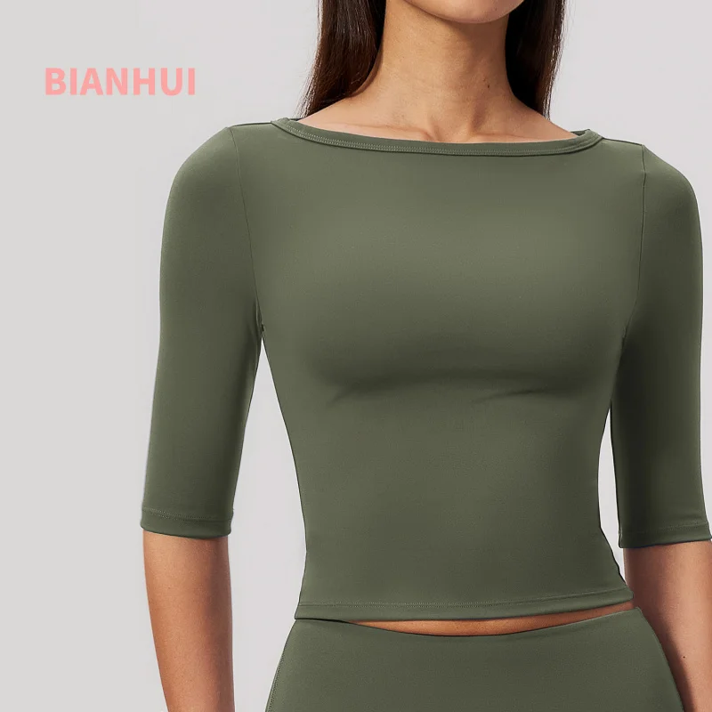 Women Brushed Yoga Top Boat Neck Mid Sleeve Slim Fit High Elastic Waist Cinching Cropped Shirt For Running Fitness Workout