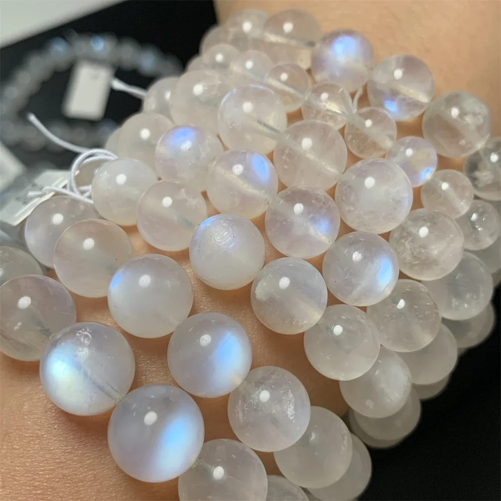 Natural Silver Blue Light Moonstone Bracelets for Women Strong Bright Bulbs Blue Moon Stones Transparent Clear Healing Beads