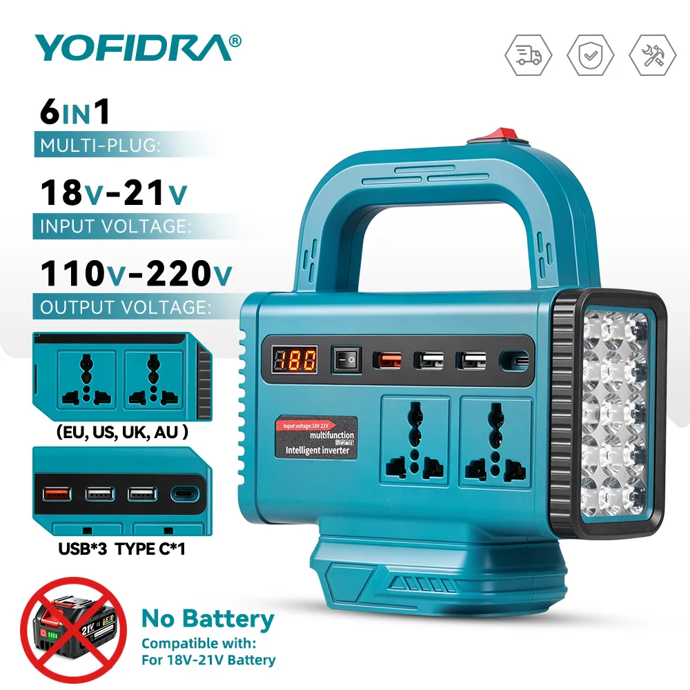 YOFIDRA 220V Portable Power Inverter Outdoor Emergency Power Supply With USB Type-C AC Outlet LED Light For Makita Battery Pin