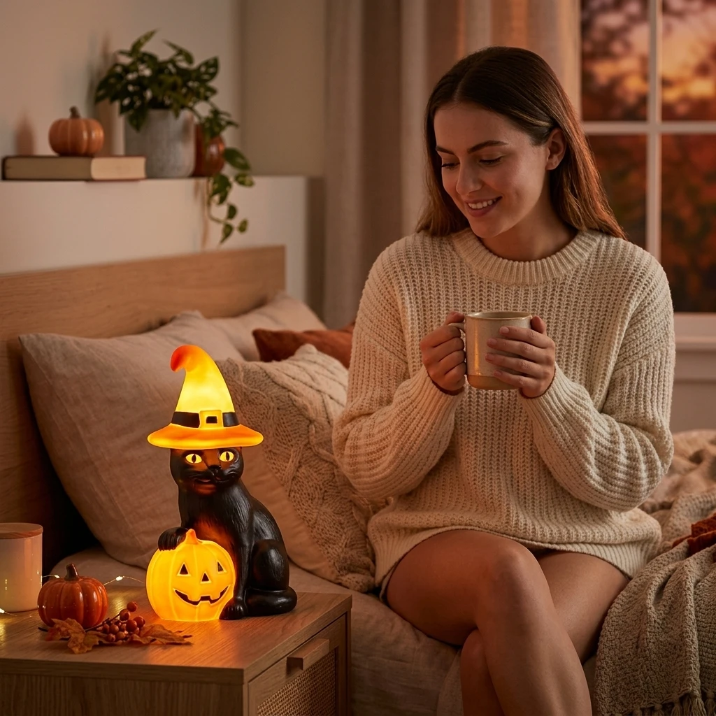 Warm Glow Night Light Gothic Resin Lamp for Halloween Party Decor, USB Powered Witch Hat Table Light, Spooky Home Accent