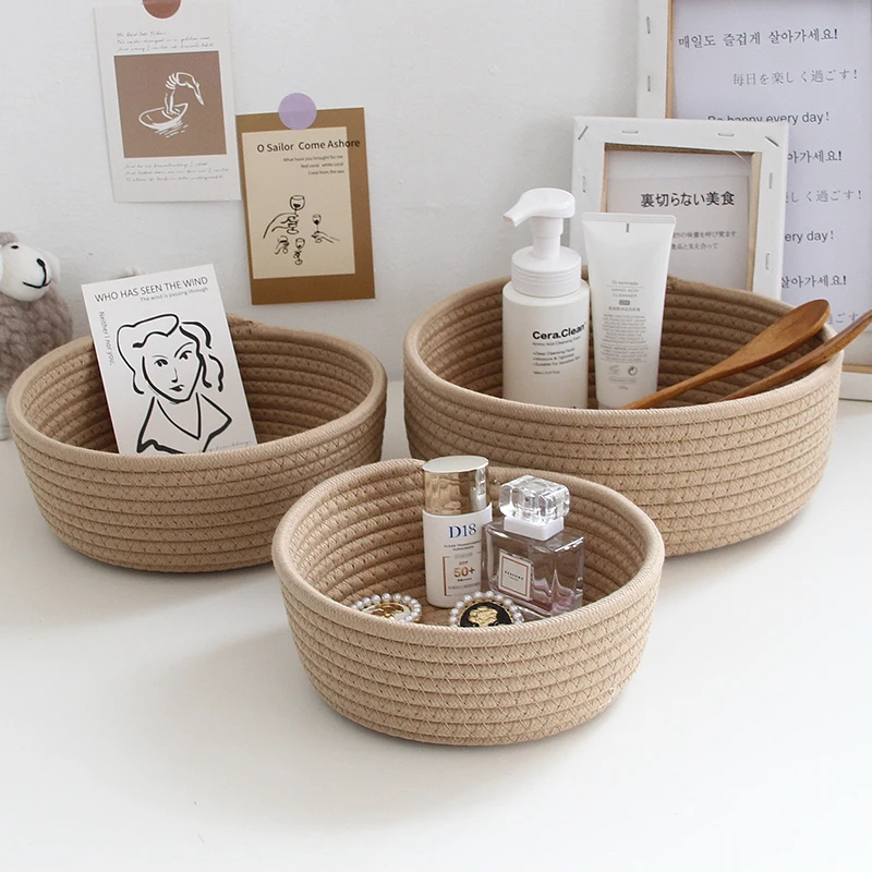 circularWoven cotton rope storage basket desktop storage for children\'s toys, cosmetics, snacks, miscellaneous items storage box