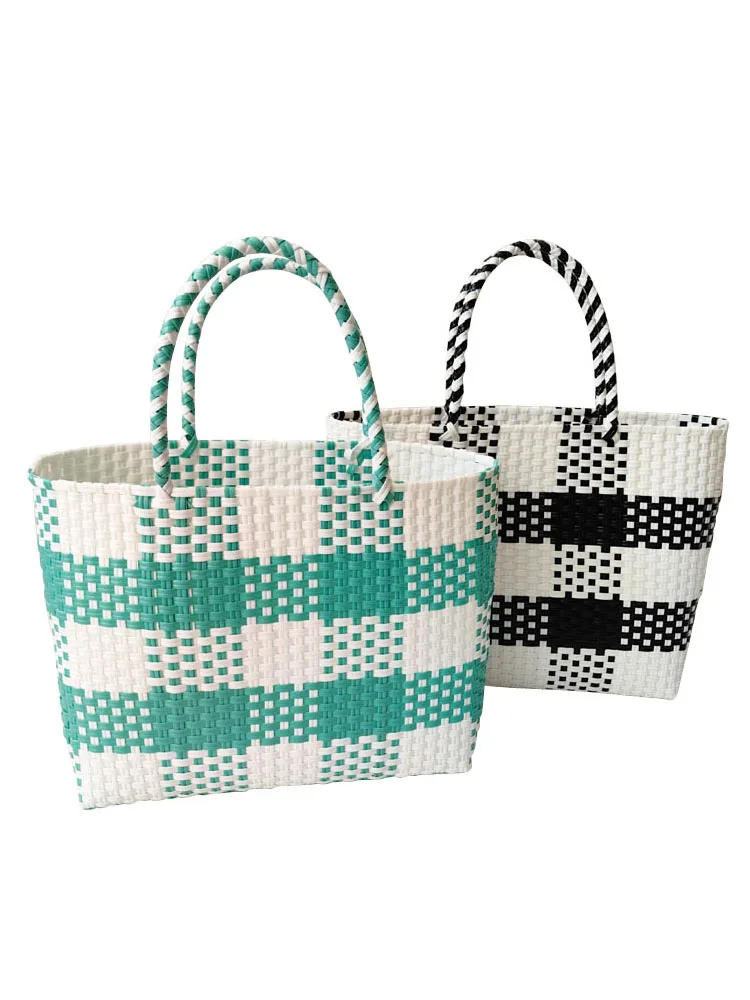 

Faionable Plaid Woven Handbag Casual Travel Beach Basket Women's Bag Versatile op Bag Open Top Soft Handle oulder Bag