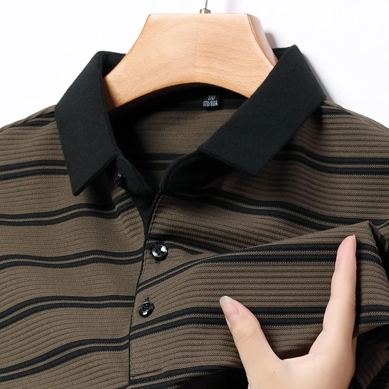 Classic Striped Polo Shirt Men\'s Long-Sleeved T-shirt Daily Casual All-Matching Tops Black and White Lapel M-4XL