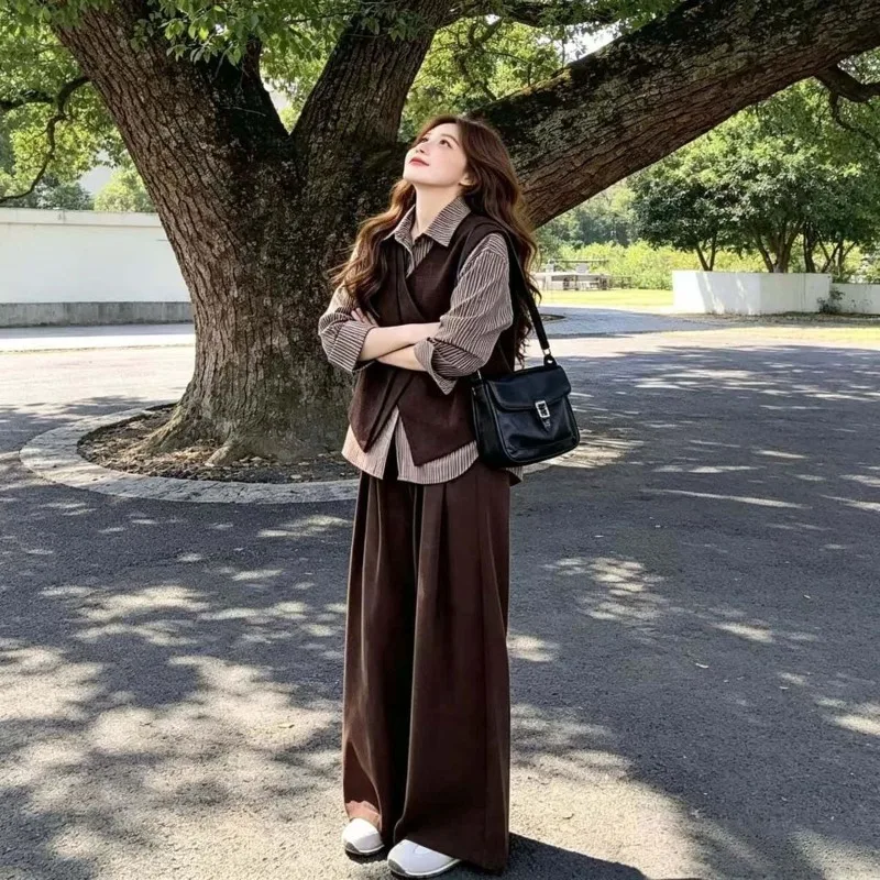 Splicing Contrasting Color Vest Shirt Wide Leg Pants Three-piece Set Exquisite Commuter Long Autumn Fresh Whole Set of Women's