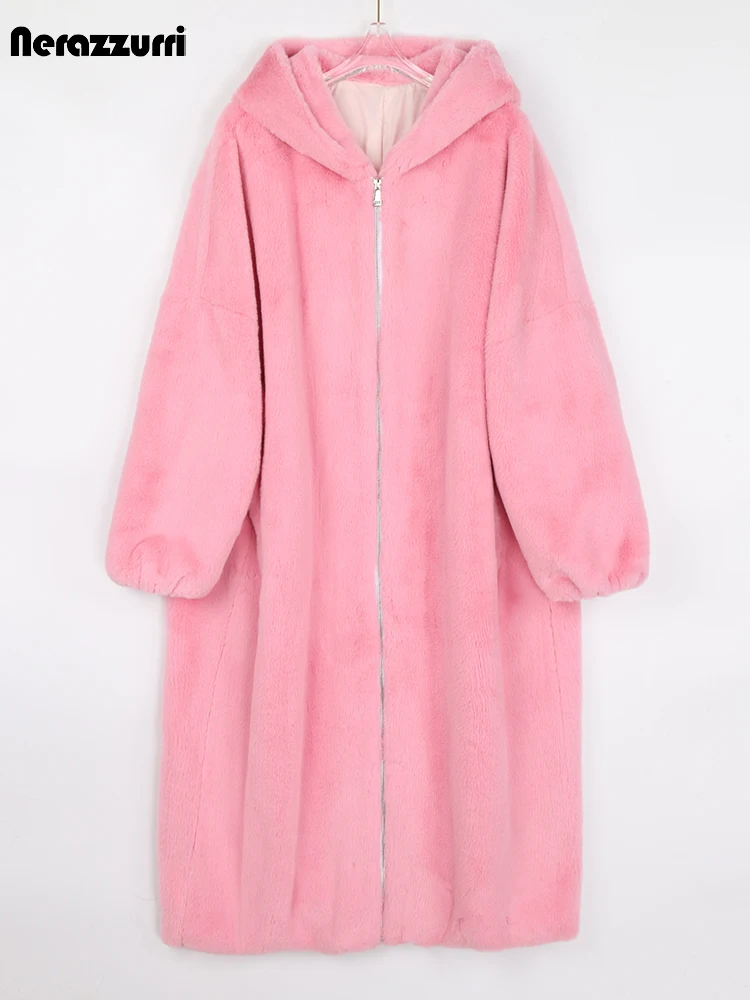 Nerazzurri Winter Pink Warm Oversized Faux Fur Coat Women Long Sleeve Hood Baggy Fluffy Jacket Loose Casual Korean Fashion 2021