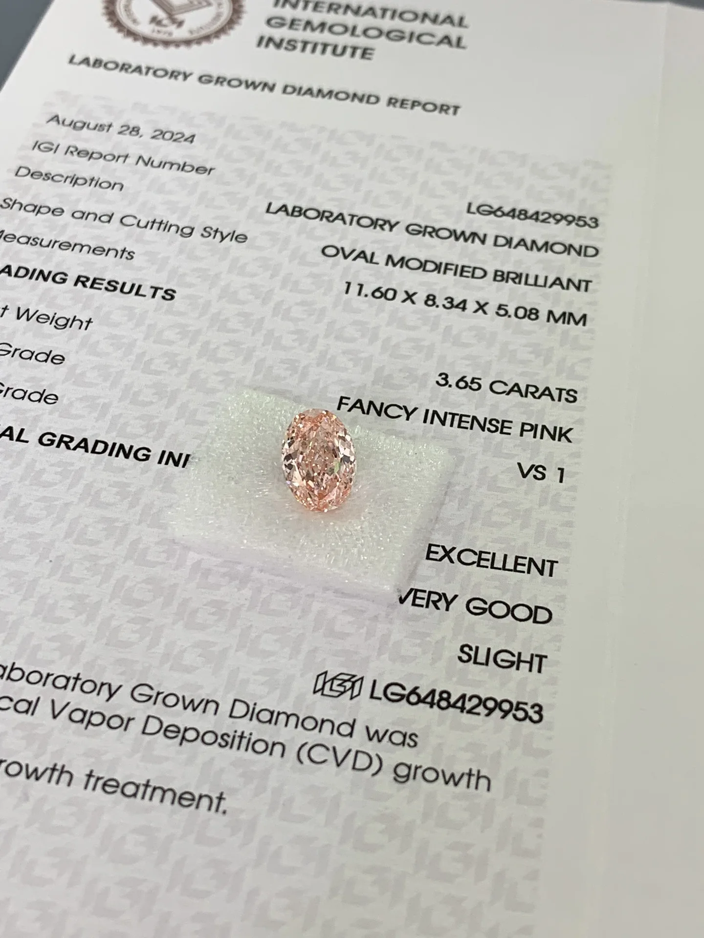 CVD Pink Diamond 3.65ct VS1 with IGI certificate