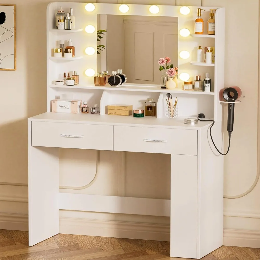 Vanity Desk con specchio illuminato, toletta di grande capacità di archiviazione per camera da letto
