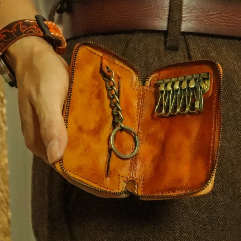 Porte-clé Original en cuir pour hommes et femmes, pochette de rangement en cuir de vache, sac à clés de voiture, portefeuille de marque, étui pour clés de femme de ménage