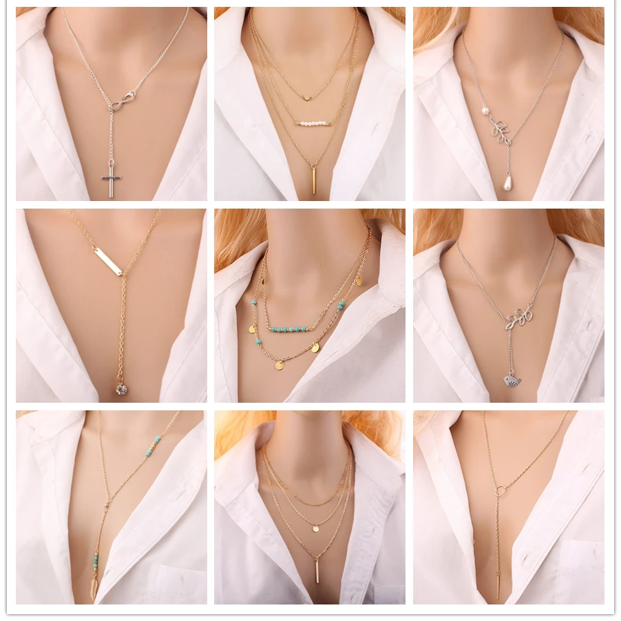 Inifity Heart Owl Crystal Cross Leaf Minimalist Clavicle Pendants Necklaces For Women Jewelry Bird Pearl Chain Neck Collares