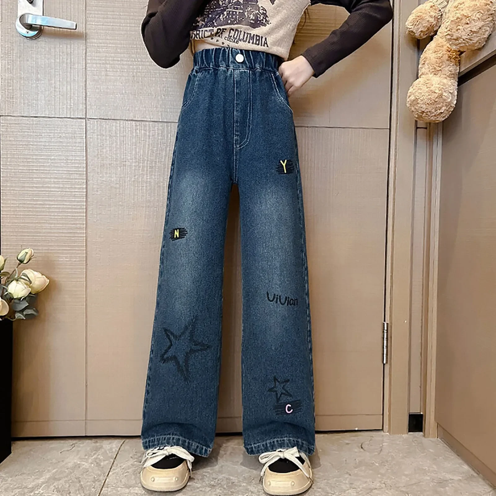 

Athletic Wear Girls Girls Wide Leg Jeans Elastic Wasit Baggy Pants Kids Star Pattern Girls Leggings Size 14