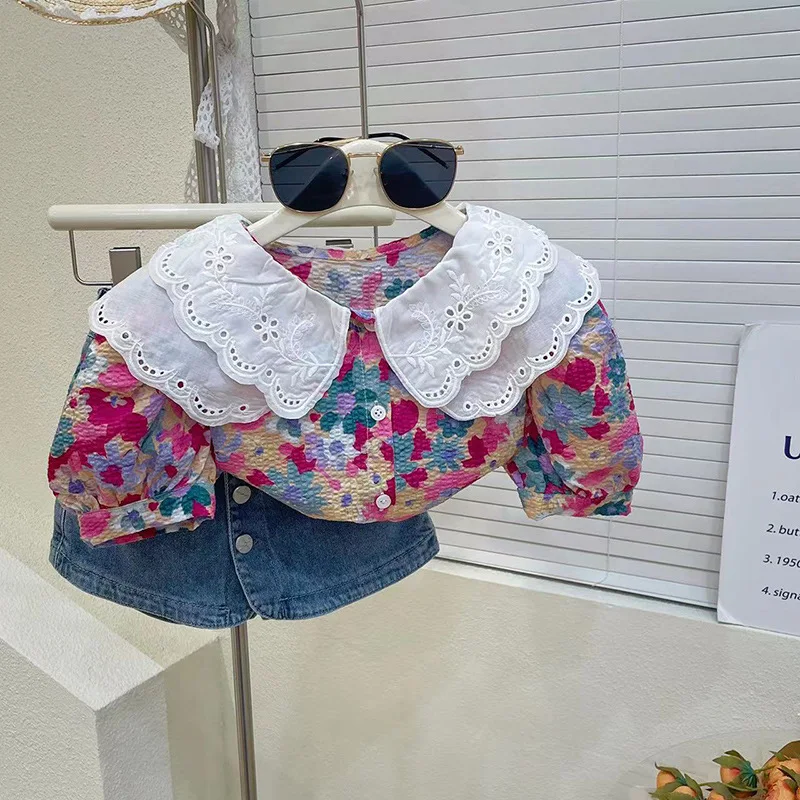 Children Girls Floral Lapel Short-sleeved Shirt Tops + Denim Culottes 2pcs Suit 2023 New Children\'s Summer Clothing Sets