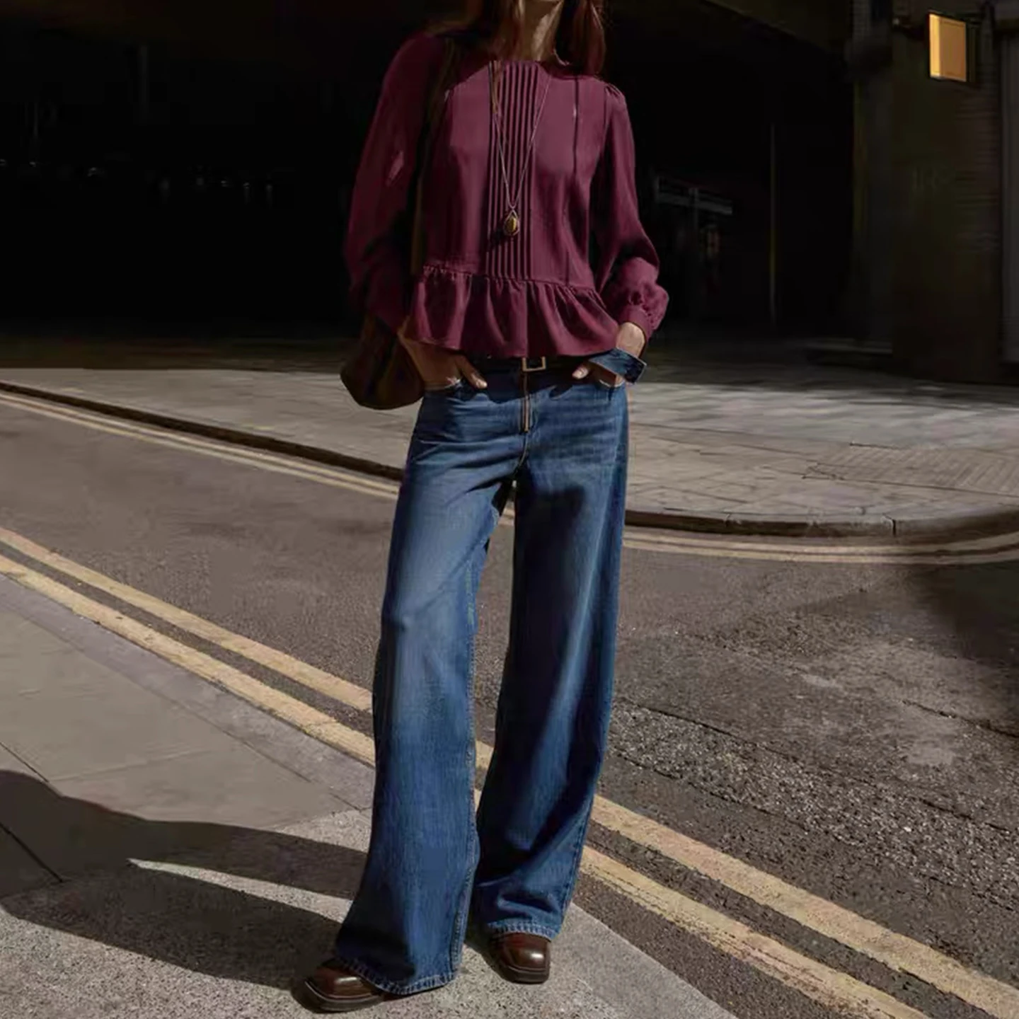 Fashionable Casual round Neck Vertical Ruffle Shirt Women's Style Spring Autumn New Arrival ZDATA Commute Style Loose Fit Lon...