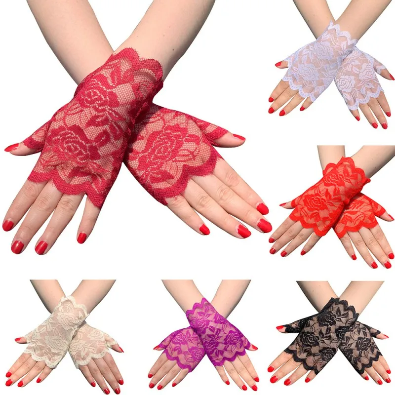 Gants courts en dentelle pour femmes, sans doigts, Protection solaire, pour fête de mariage, guantes fiesta mujer ST254