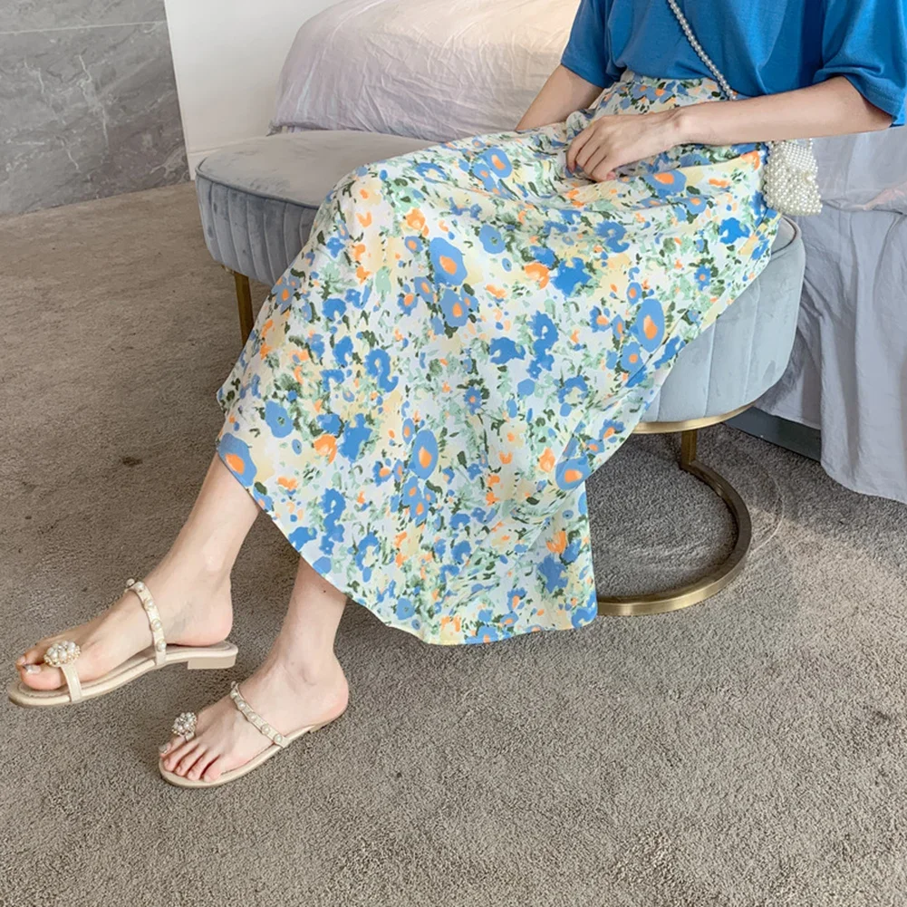 

As Pictures Show A line Pleated Skirt Long Skirt Casual Style Drawstring Waist Flower Pattern Polyester Fabric