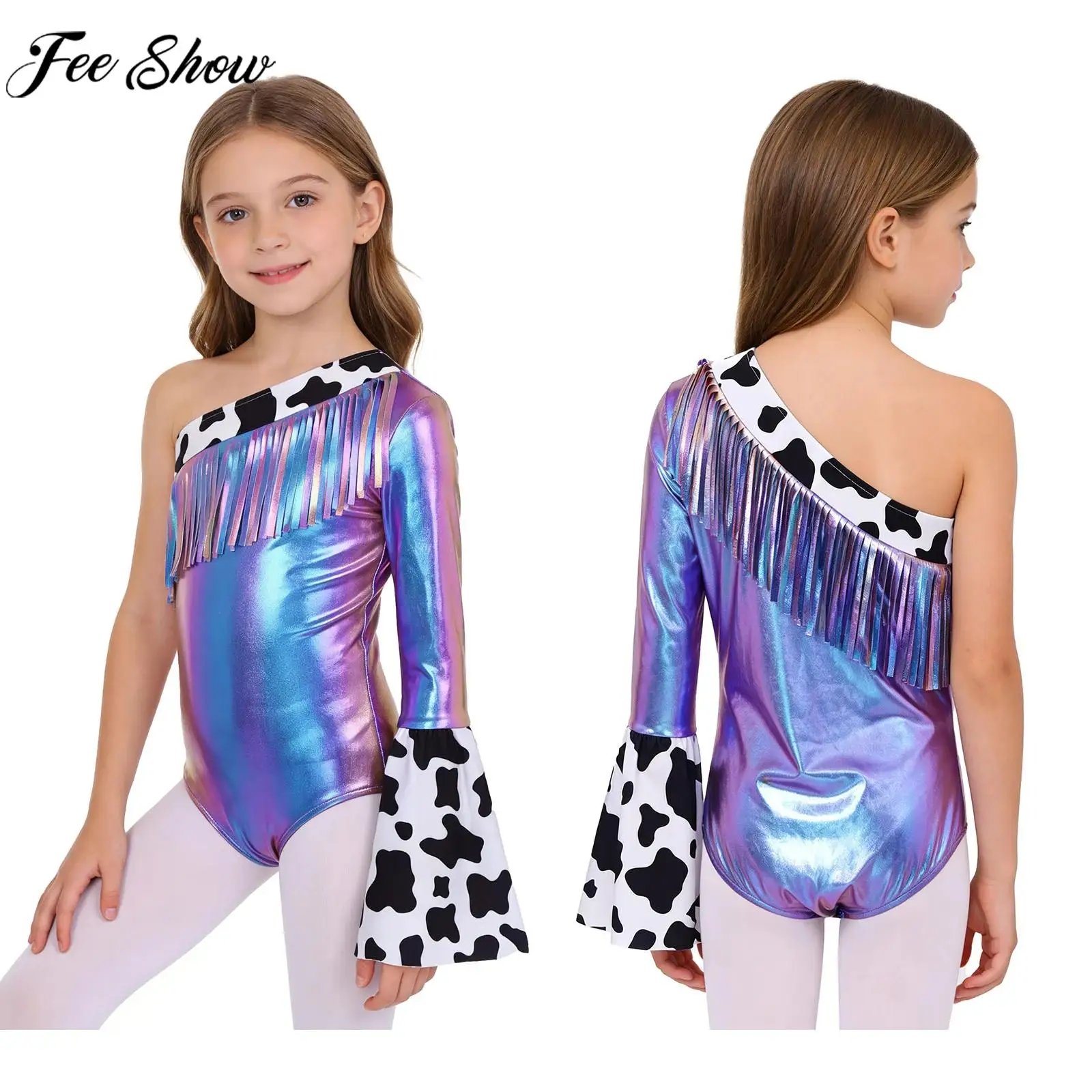 

Платье в стиле пастушки в стиле вестерн для девочек, боди на одно плечо, металлический купальник с бахромой, карнавальный костюм на Хэллоуин, тематическая вечеринка, карнавальный костюм