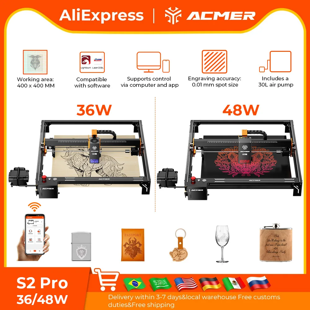 

ACMER S2 PRO High Laser Power 36/48W Engraver Cutting CNC Machine 0.01mm Precision Double Axis Guide Rail For DIY & Crafting