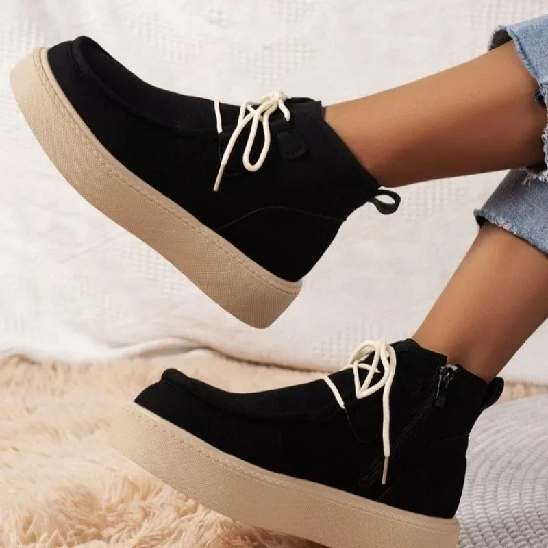 

2023 Winter New Fashion Natural Suede Brown Boots Women Round Toed Lace Up Solid Shoes for Women Casual Cotton Boots Mujer