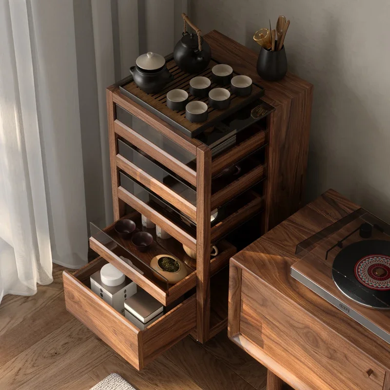 Solid wood movable sofa side cabinet, living room, black walnut display cabinet, tea table, tea table, tea cabinet