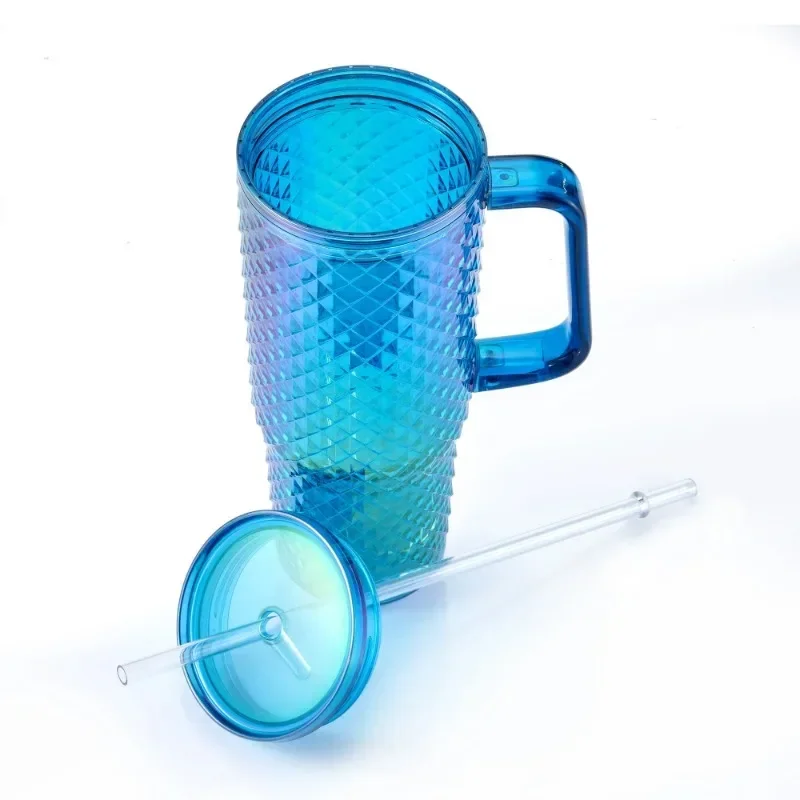 Mainstays 30oz Textured Tumbler with Straw and Handle, Diamond Iridescent Blue, 30oz, Plastic Double Wall Insulated