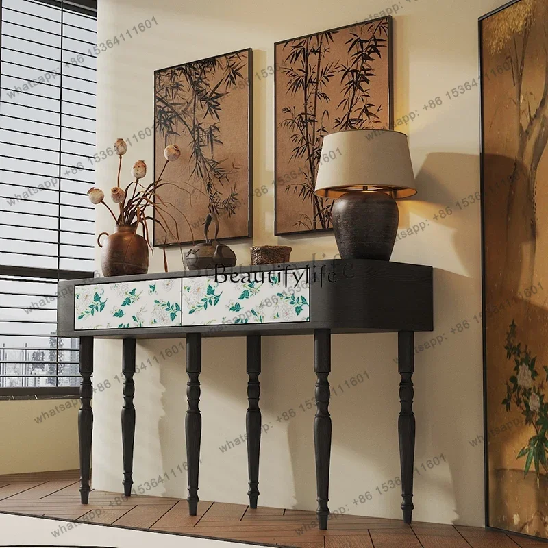 FGFrench retro entrance desk enters the door against the wall and enters the entrance table with solid wood decoration