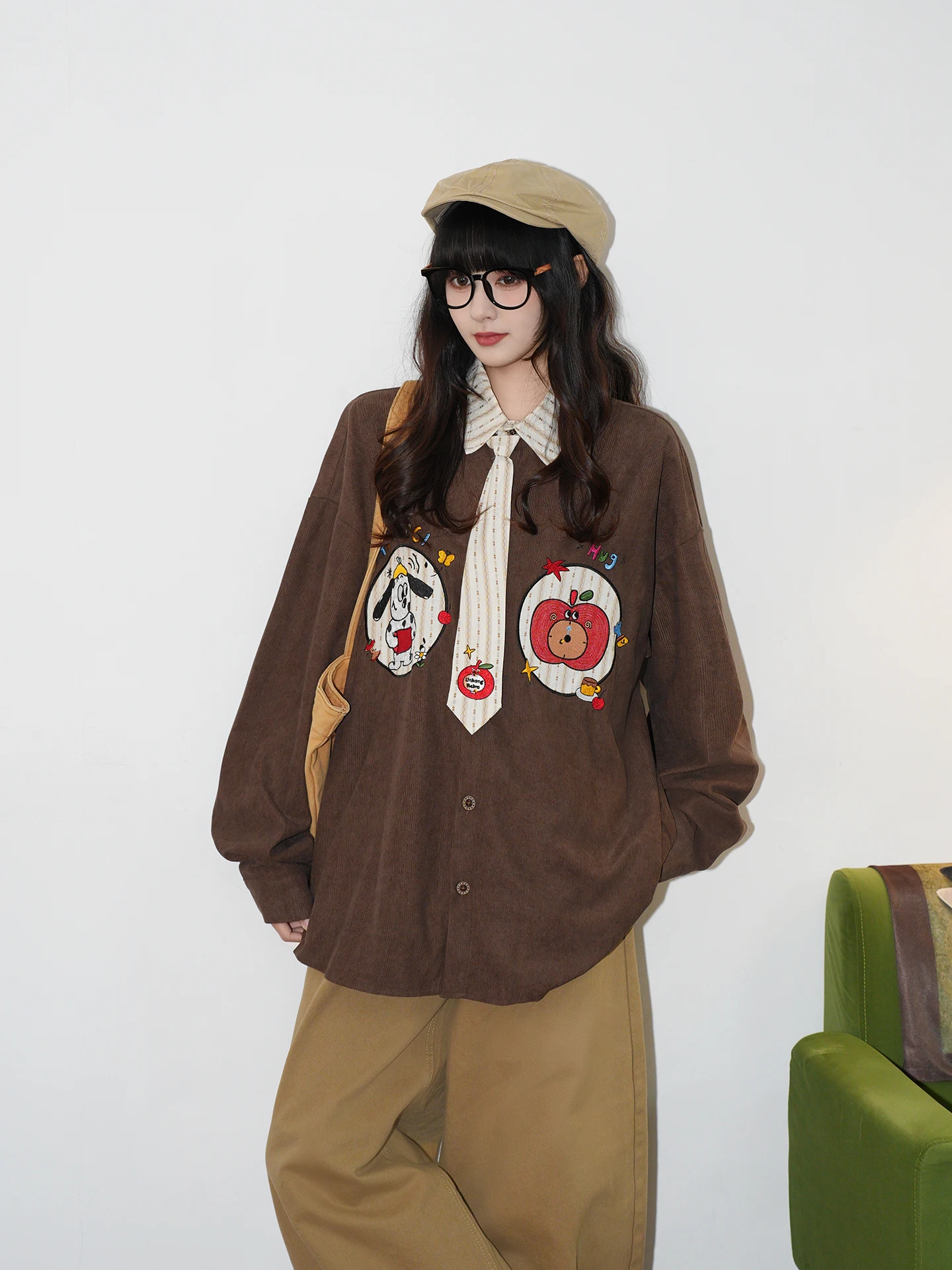 Retro Cartoon Dog Embroidery Long Sleeve Loose Women's Shirt Casual Style Polyester Fabric Breathable Comfortable for Autumn