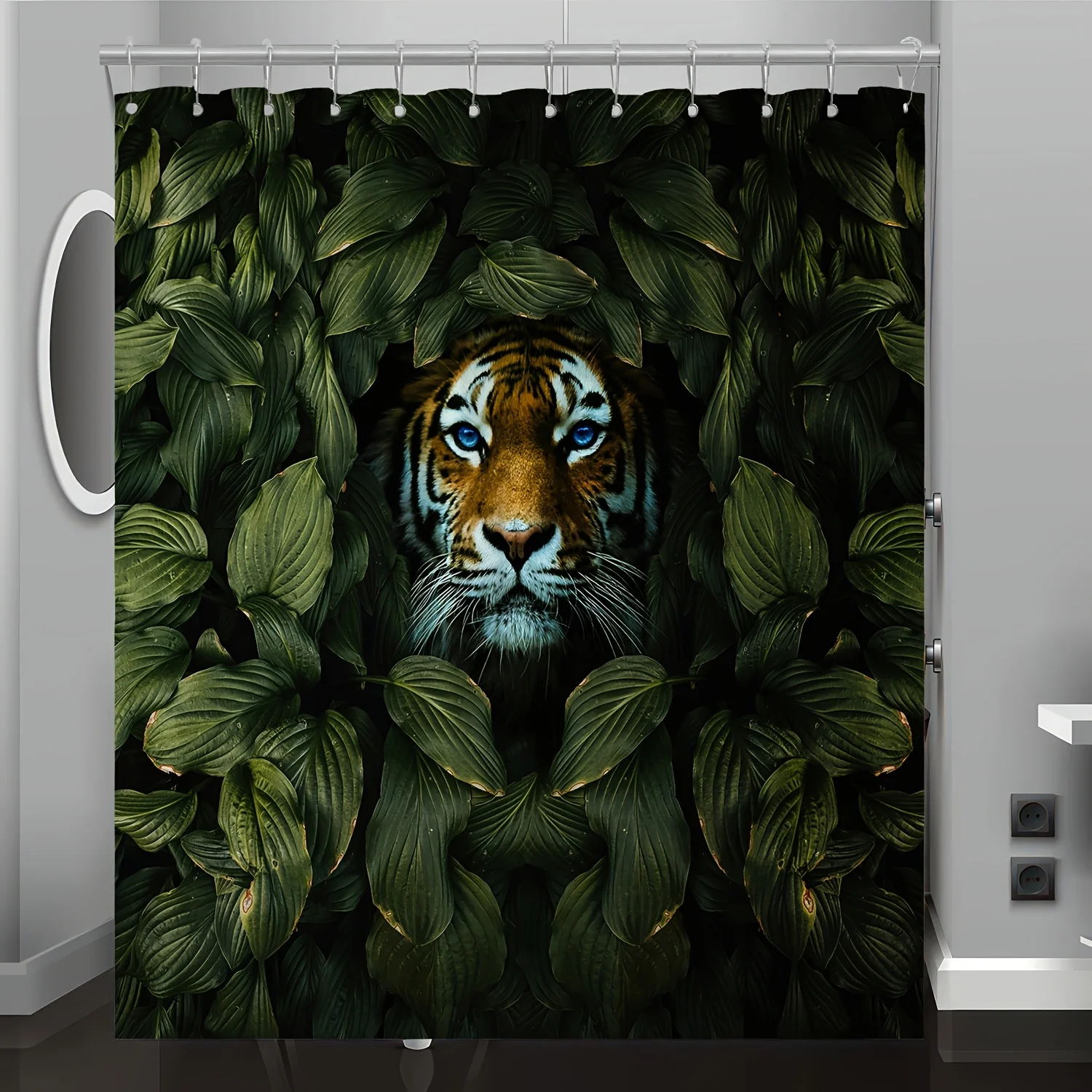 

1 шт., занавеска для душа с принтом «Яркий тигр в зеленой листьях» — прочный полиэстер, можно стирать в машине, всесезонное использование с втулками