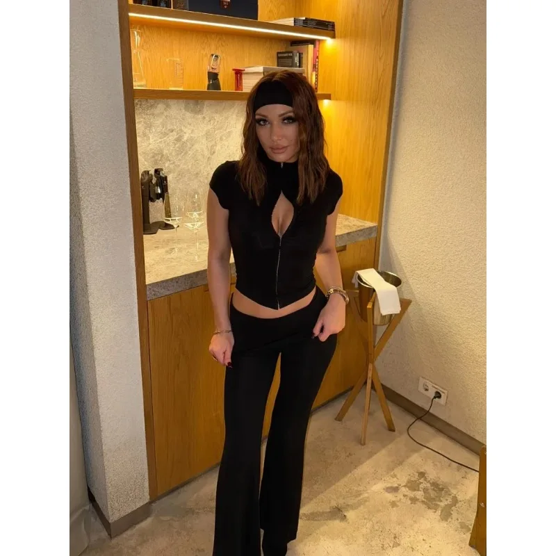 

Casual Sheath Shirt Pants Set Women Fashion Sexy Short Sleeve Hollow Out Tops Long Pant 2-piece Sets Female Daily Street Outfit