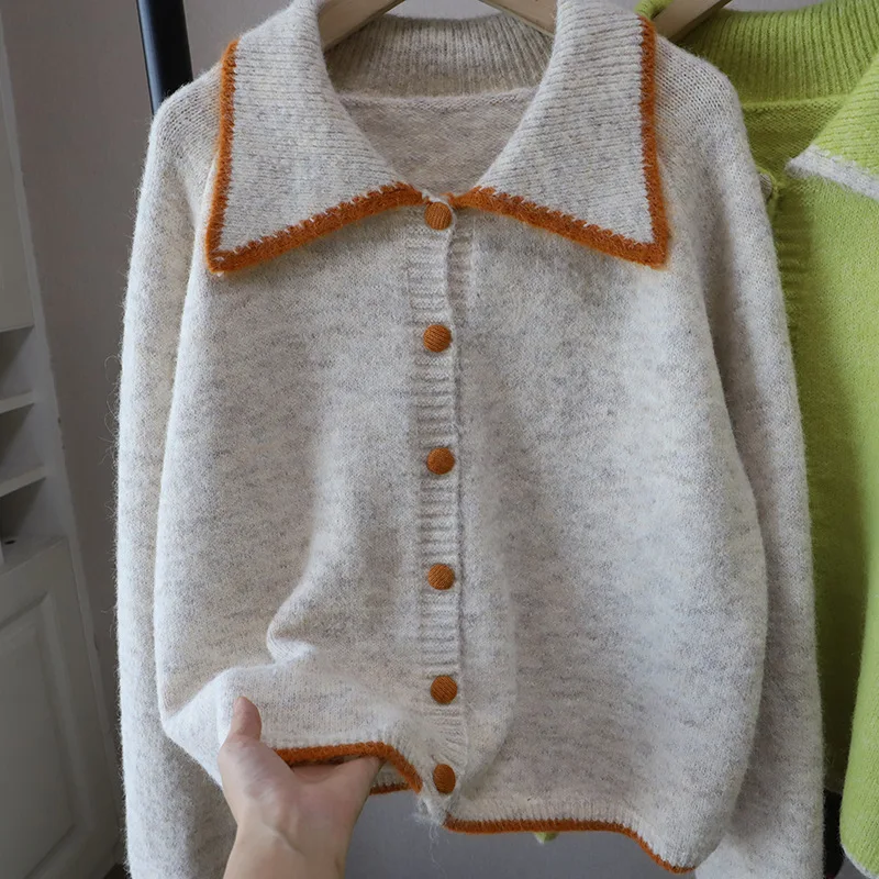 

Retro Color Blo Knitted Open Cardigan Women's Loose Lazy Sle Sweater Jaet Spring Autumn New Arrival Flip Collar Top